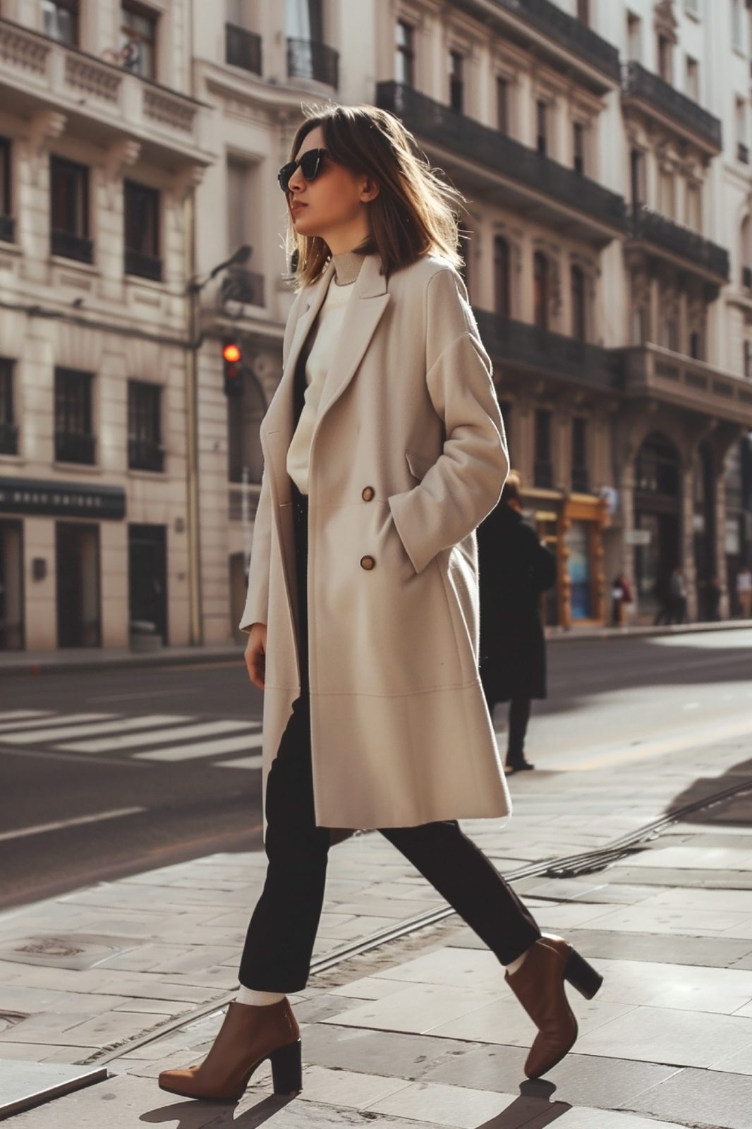 Woman in a camel trench coat and heels on a city street