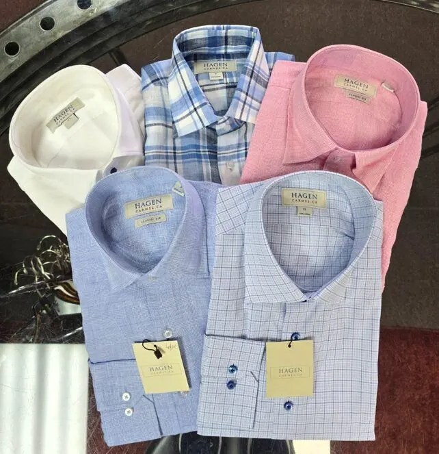 Five folded Hagen dress shirts in white, pink, blue and plaid at Label Legends