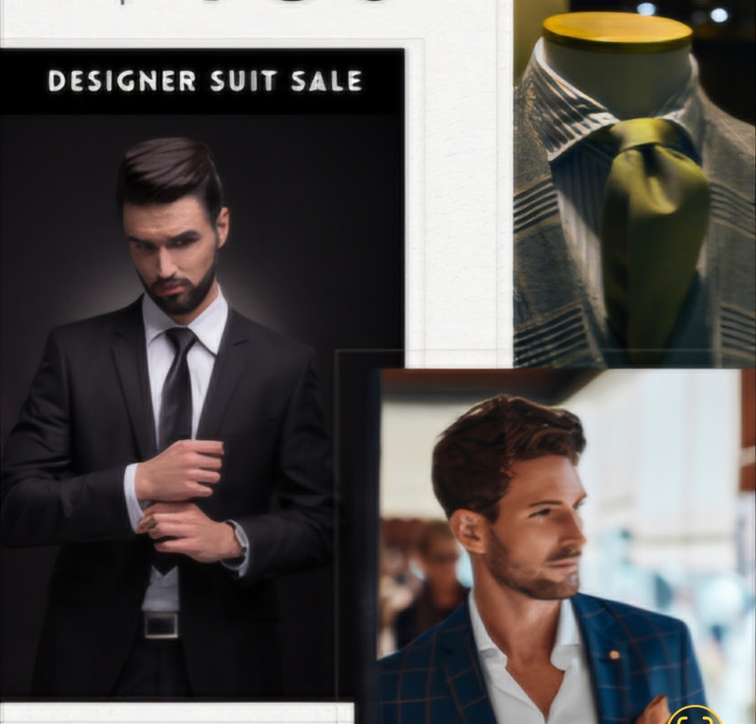 Designer suit looks — black formal suit, patterned shirt and tie, navy check sport coat