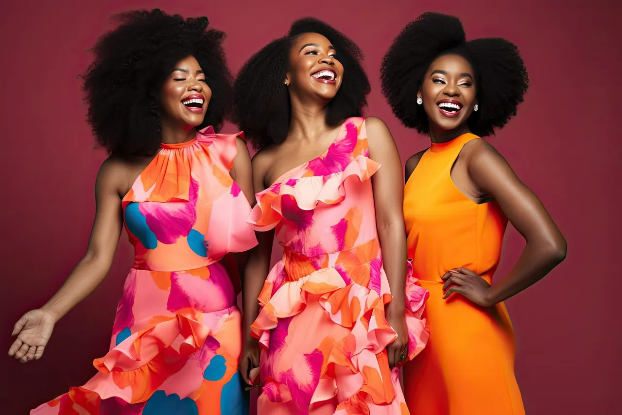 Three women in bright floral designer dresses