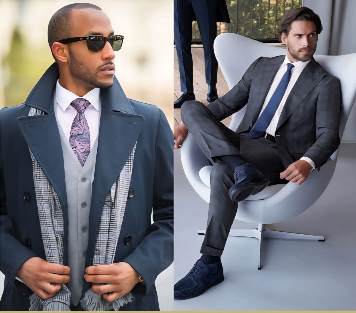Men's designer suits and sport coats — navy topcoat with scarf and a charcoal two-piece suit