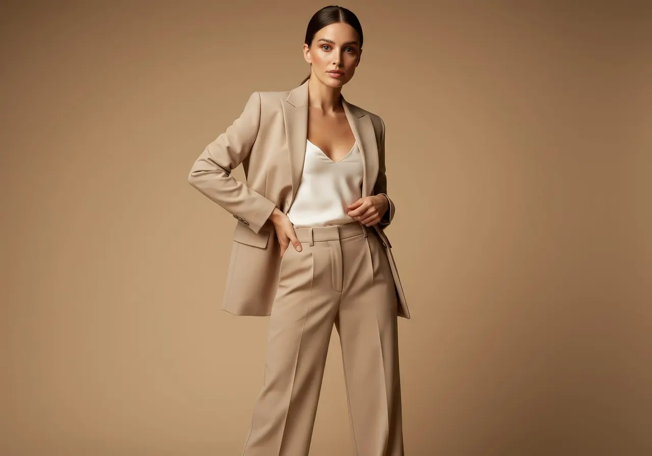 Woman in a tailored beige trouser suit