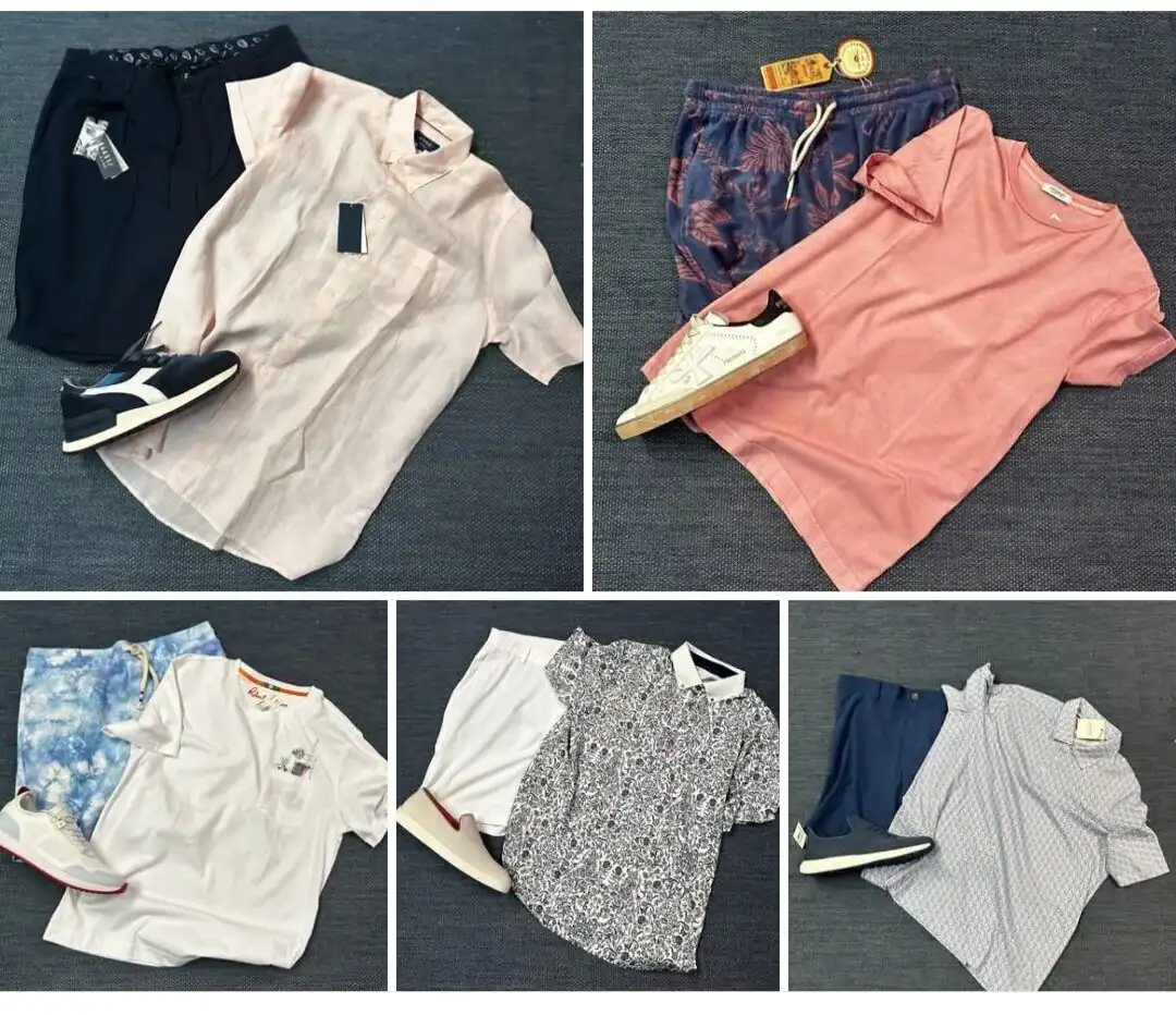 Five warm-weather outfits pairing designer shorts with shirts, tees and sneakers