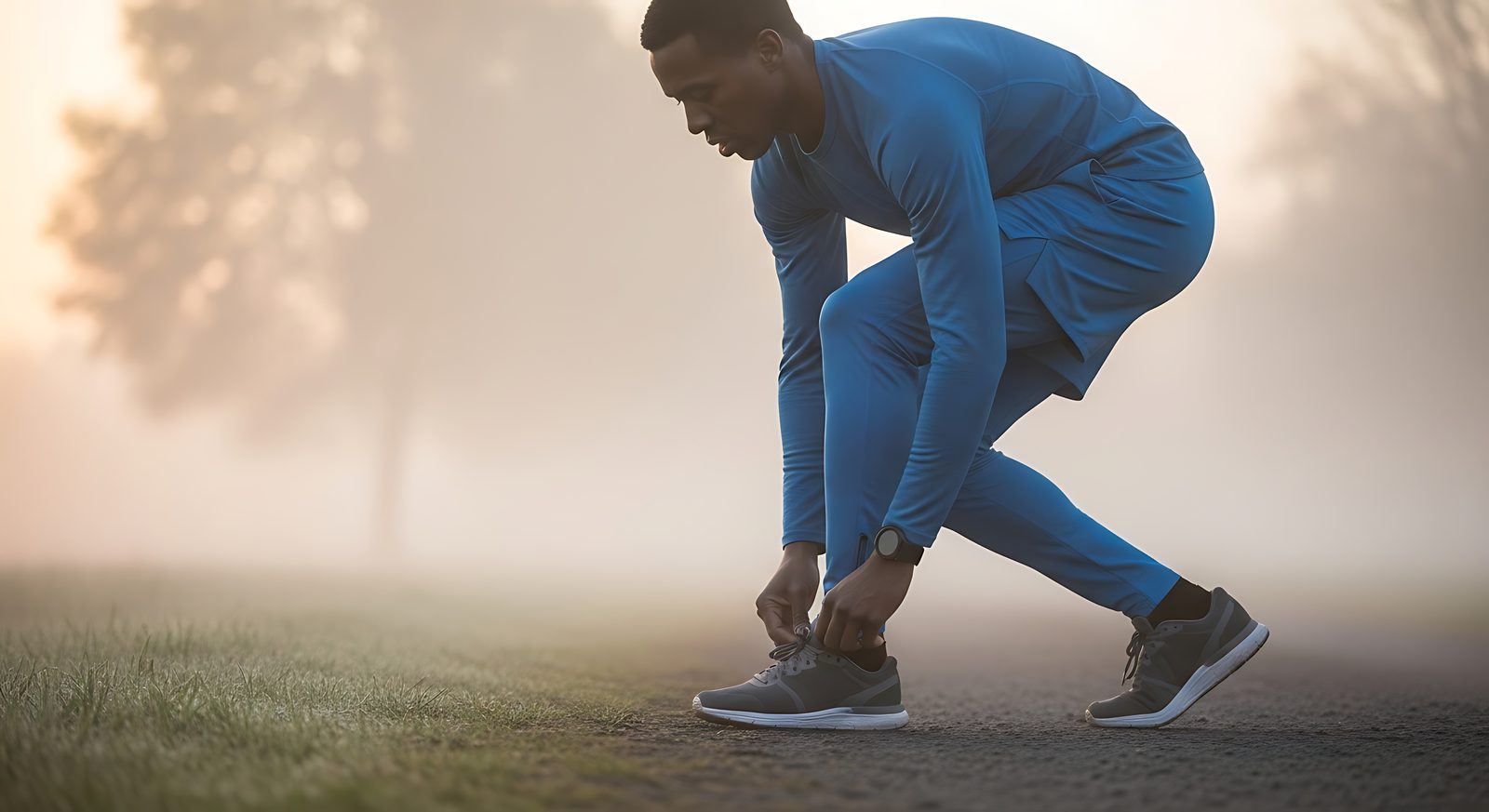 Runner in a blue training set tying his shoe on a misty morning