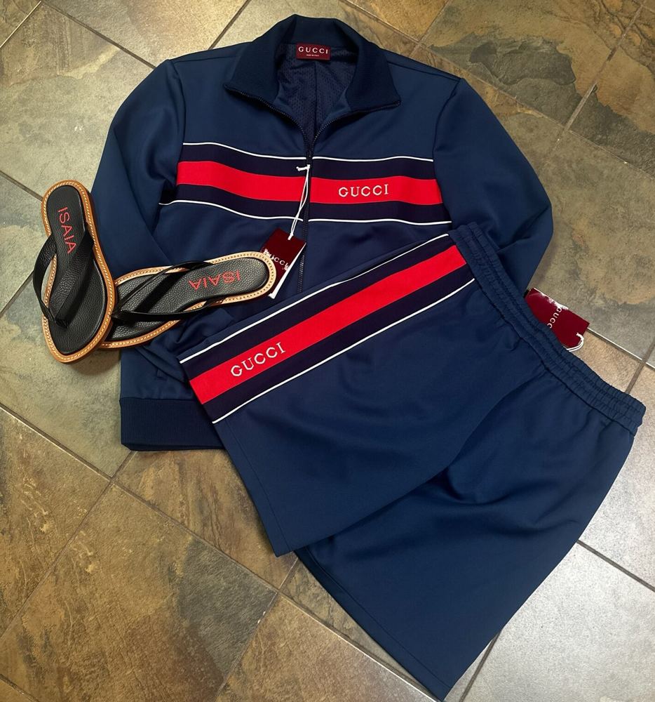 Gucci track suit and Isaia sandals — men's activewear