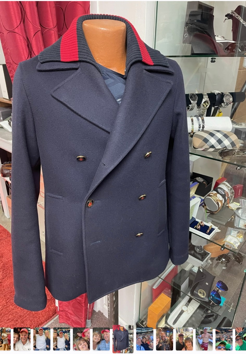 Navy double-breasted peacoat with contrast knit collar