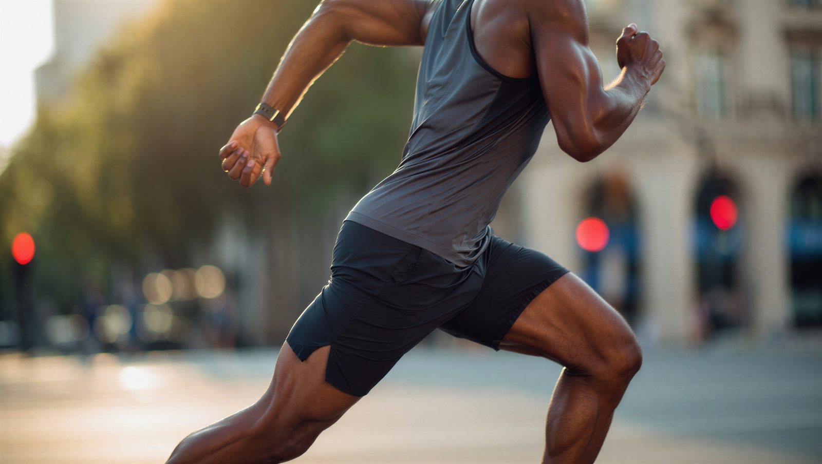 Man running through a city street in training gear