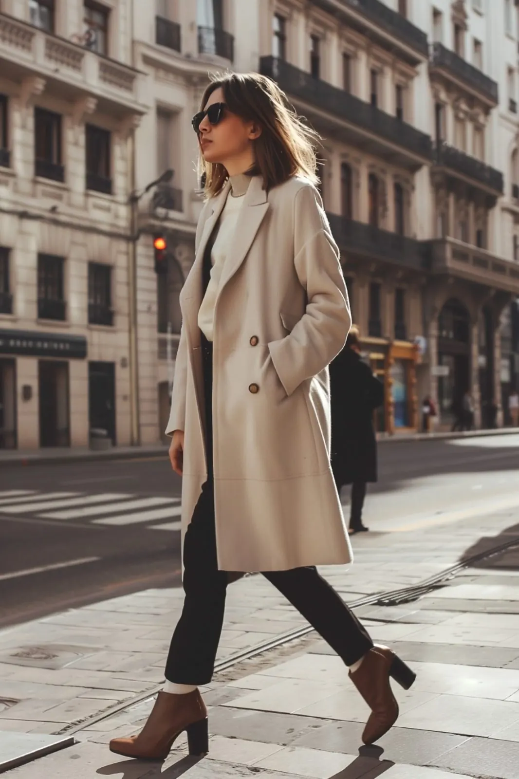 Woman in a camel trench coat and heels on a city street