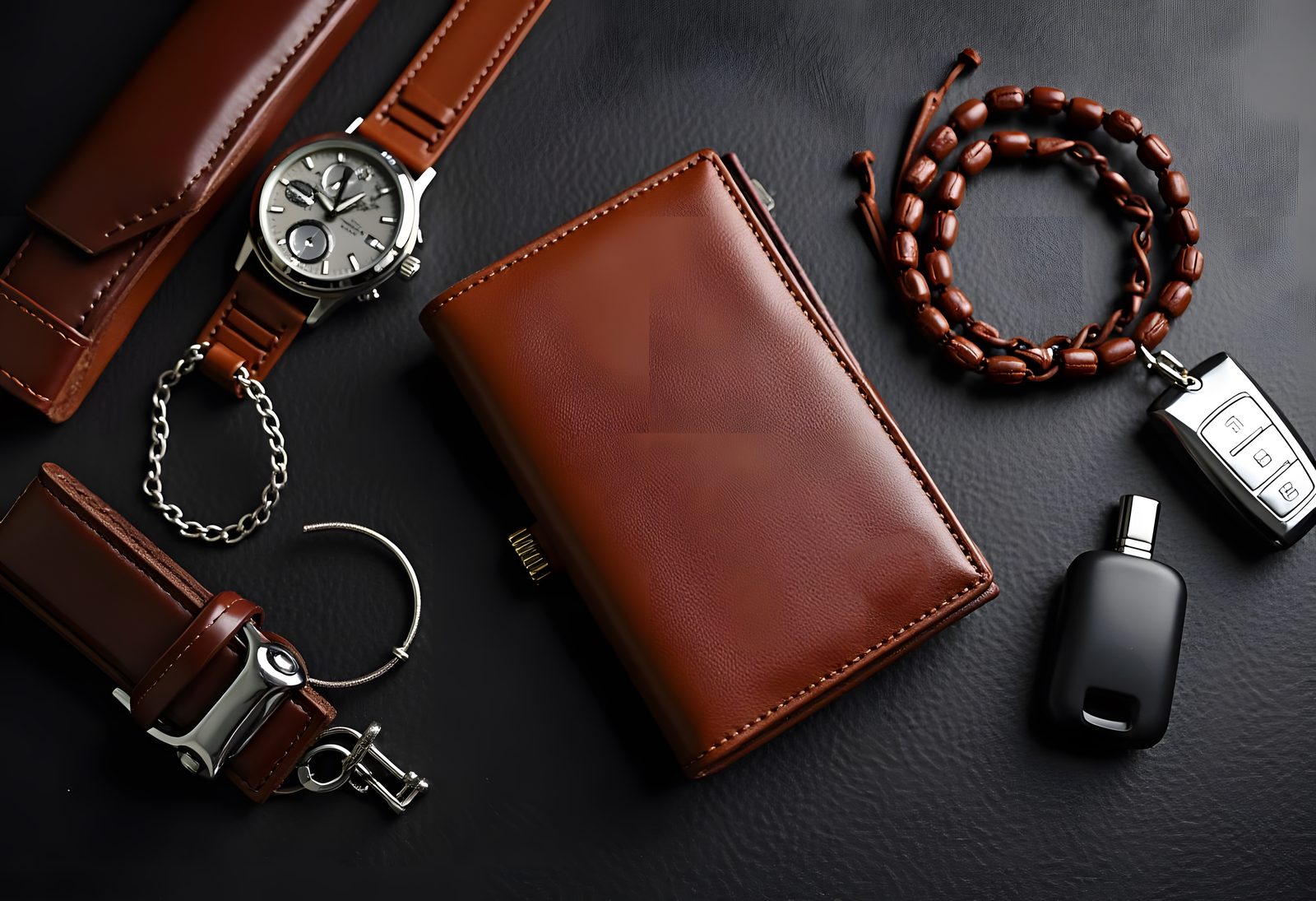 Brown leather wallet, watch, belt and bracelet flat lay — designer men's accessories at Label Legends