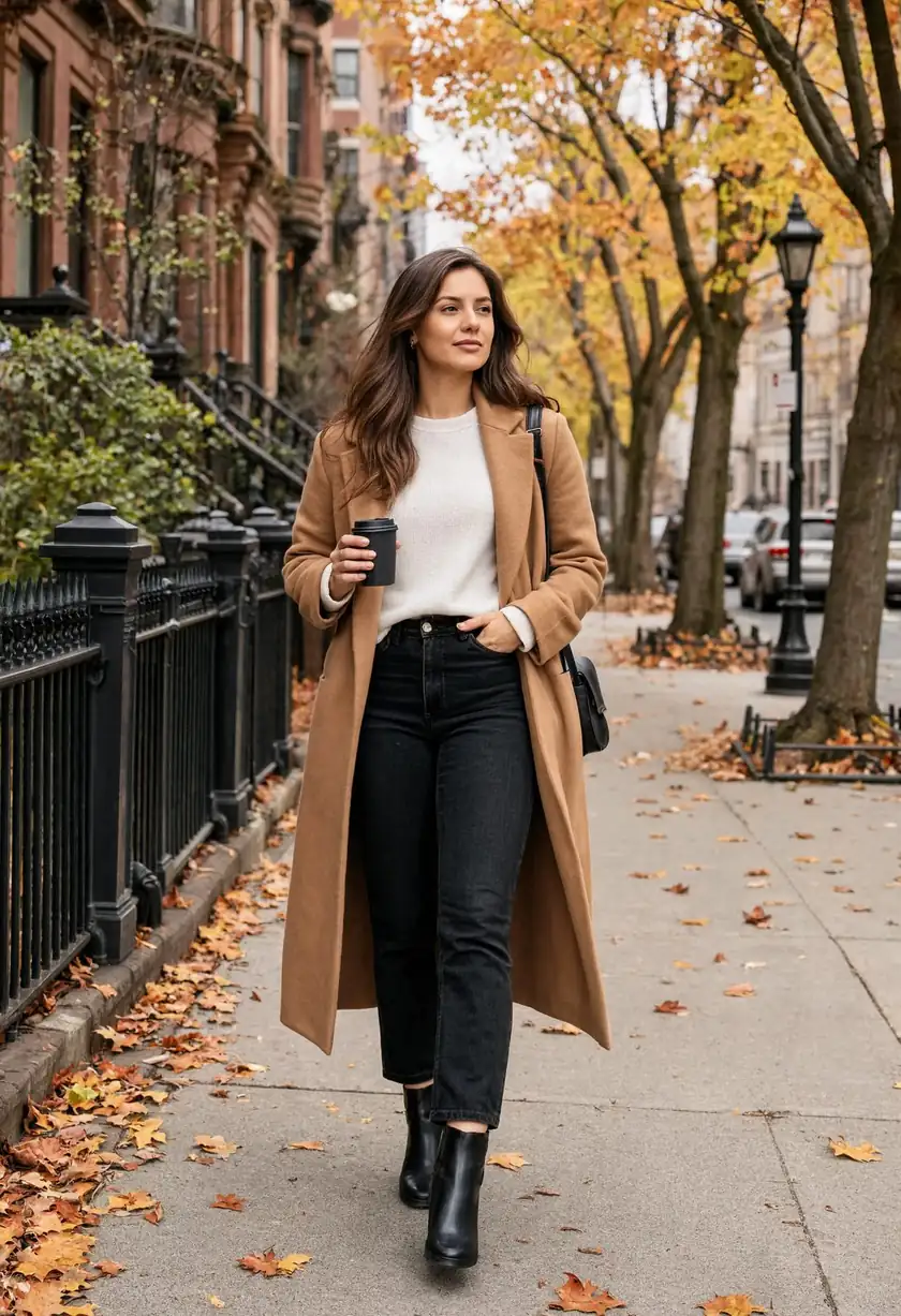 Woman in a camel wool coat walking a tree-lined street in autumn