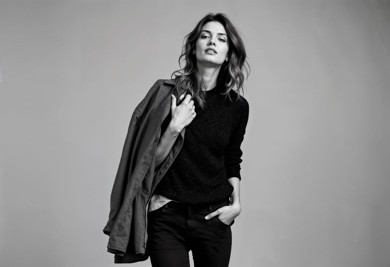 Black and white portrait of a woman in a black knit top holding a blazer