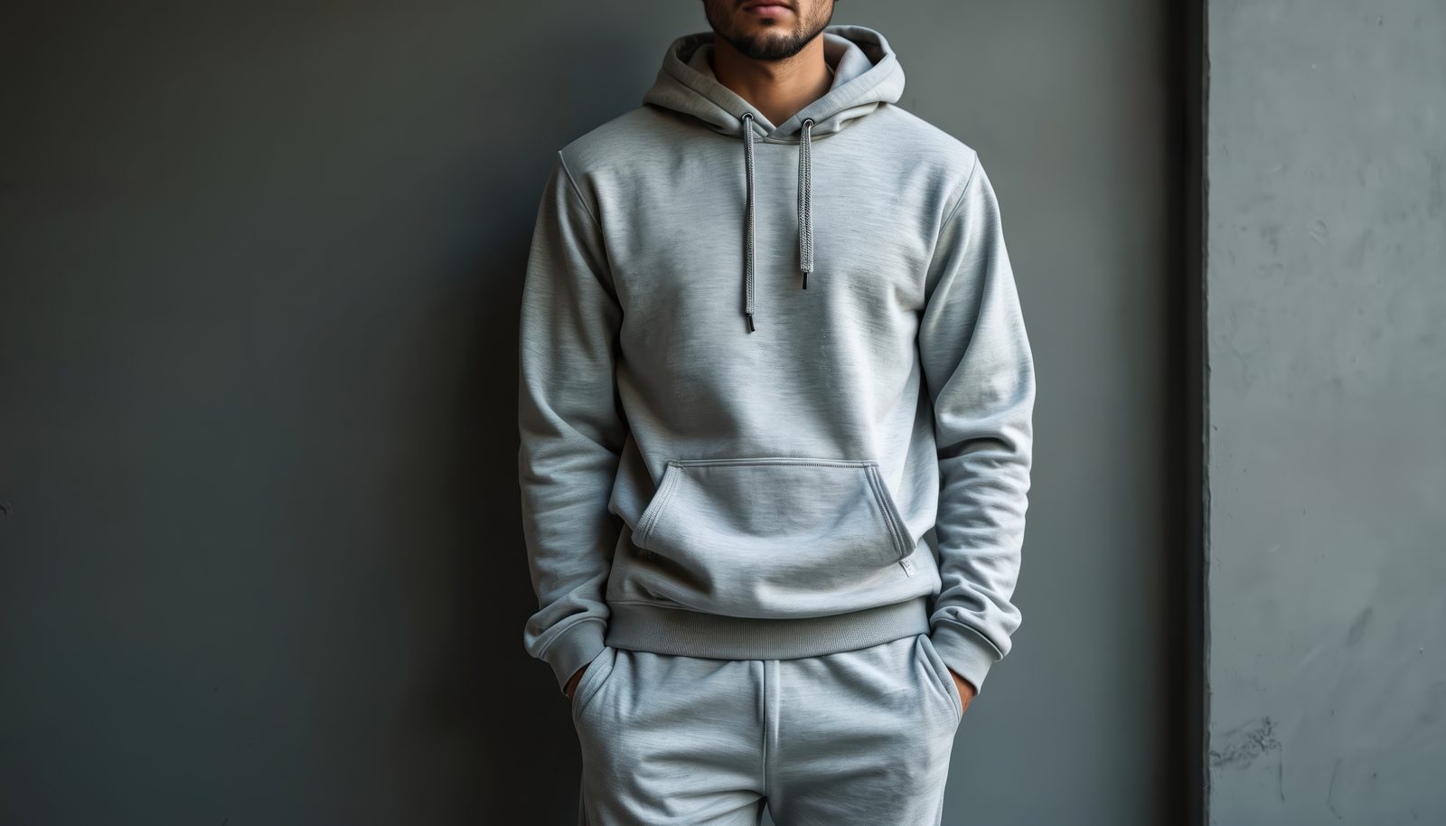 Man in a grey hoodie and matching sweatpants