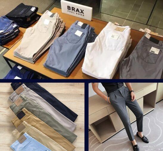 BRAX trousers and folded designer pants on the display table at Label Legends