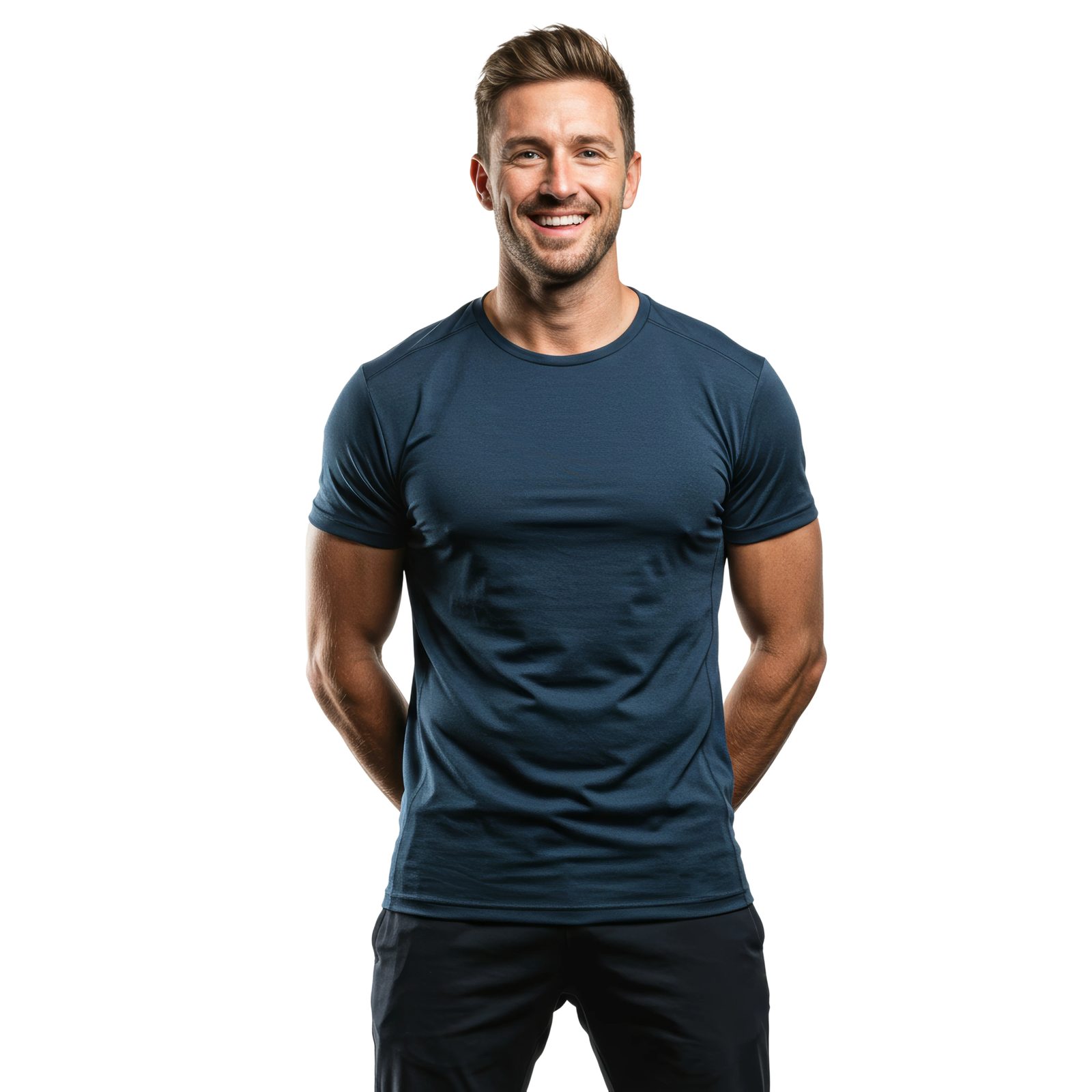 Man in a teal performance t-shirt
