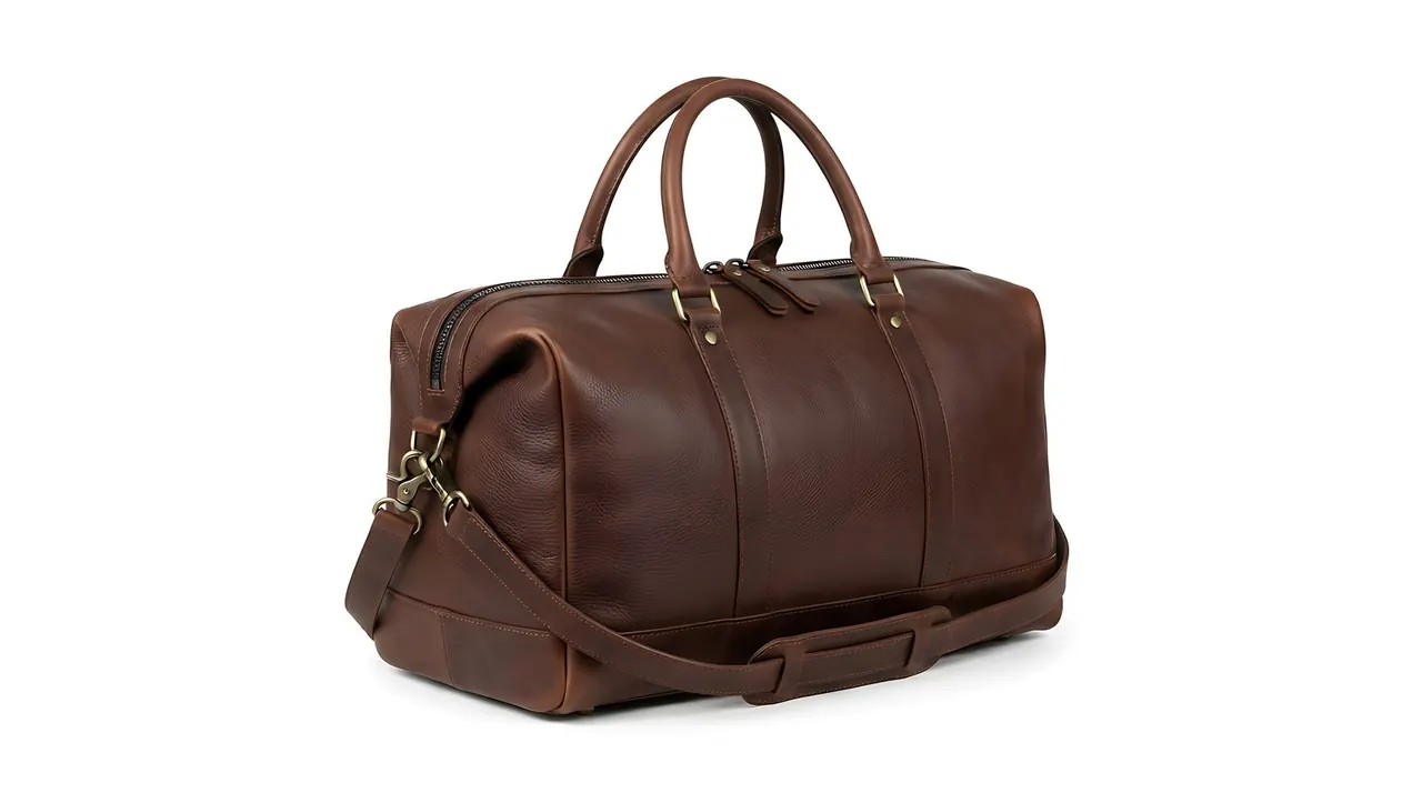 Brown leather weekender duffle bag