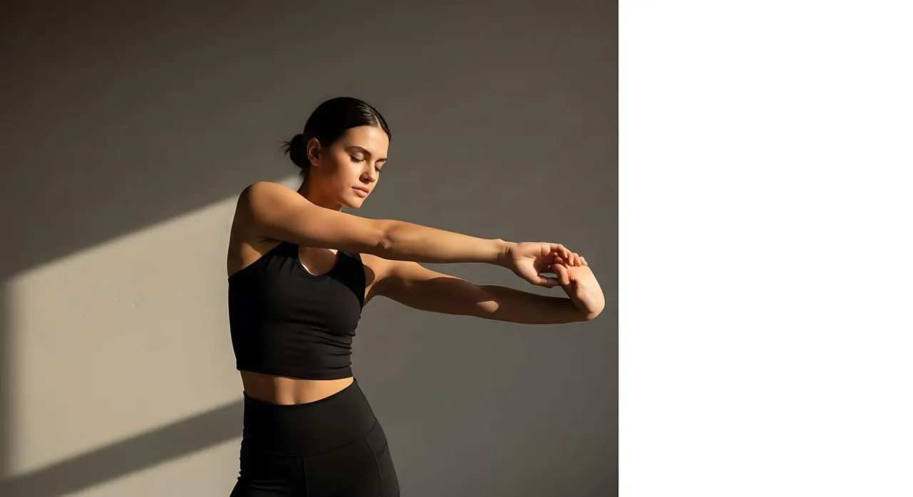 Woman in a black sports bra and leggings stretching