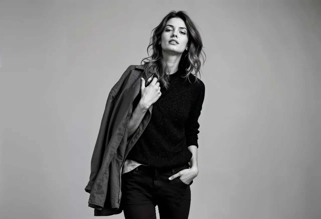 Black and white portrait of a woman in a black knit top holding a blazer