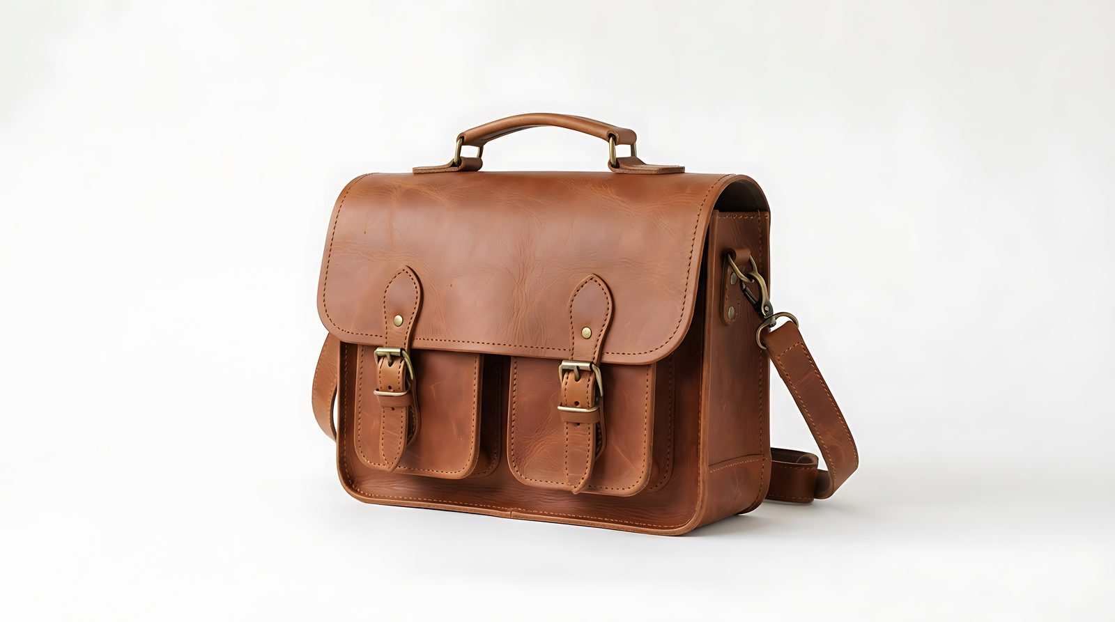Brown leather briefcase with buckle closures and shoulder strap