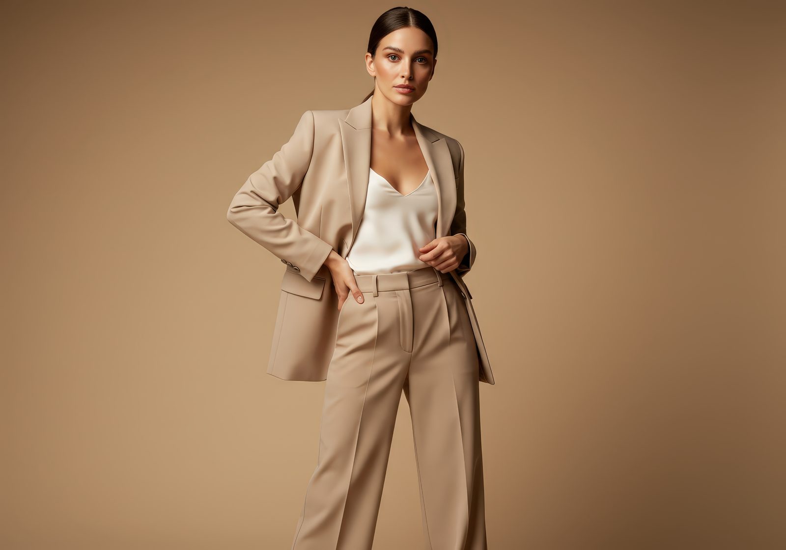 Woman in a tailored beige trouser suit